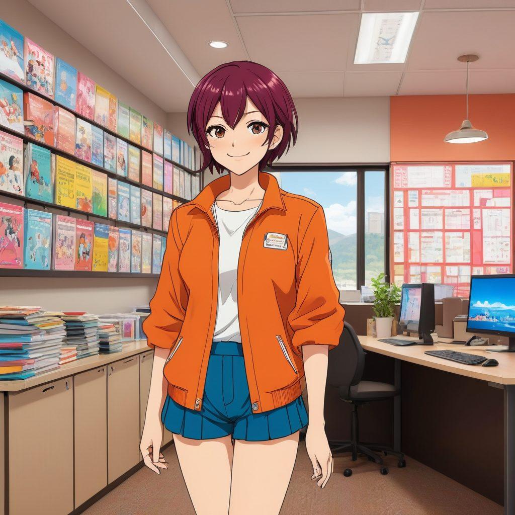 A dynamic illustration of an anime character enthusiastically assisting diverse clients in a colorful insurance office setting. Include anime-style elements like vibrant posters on the walls, manga books on a shelf, and a computer showing insurance forms. The character should embody positivity and expertise, wearing a vibrant outfit with a welcoming smile. Use a playful color palette and whimsical illustrations to create an engaging atmosphere. vibrant colors. anime style. 3D.