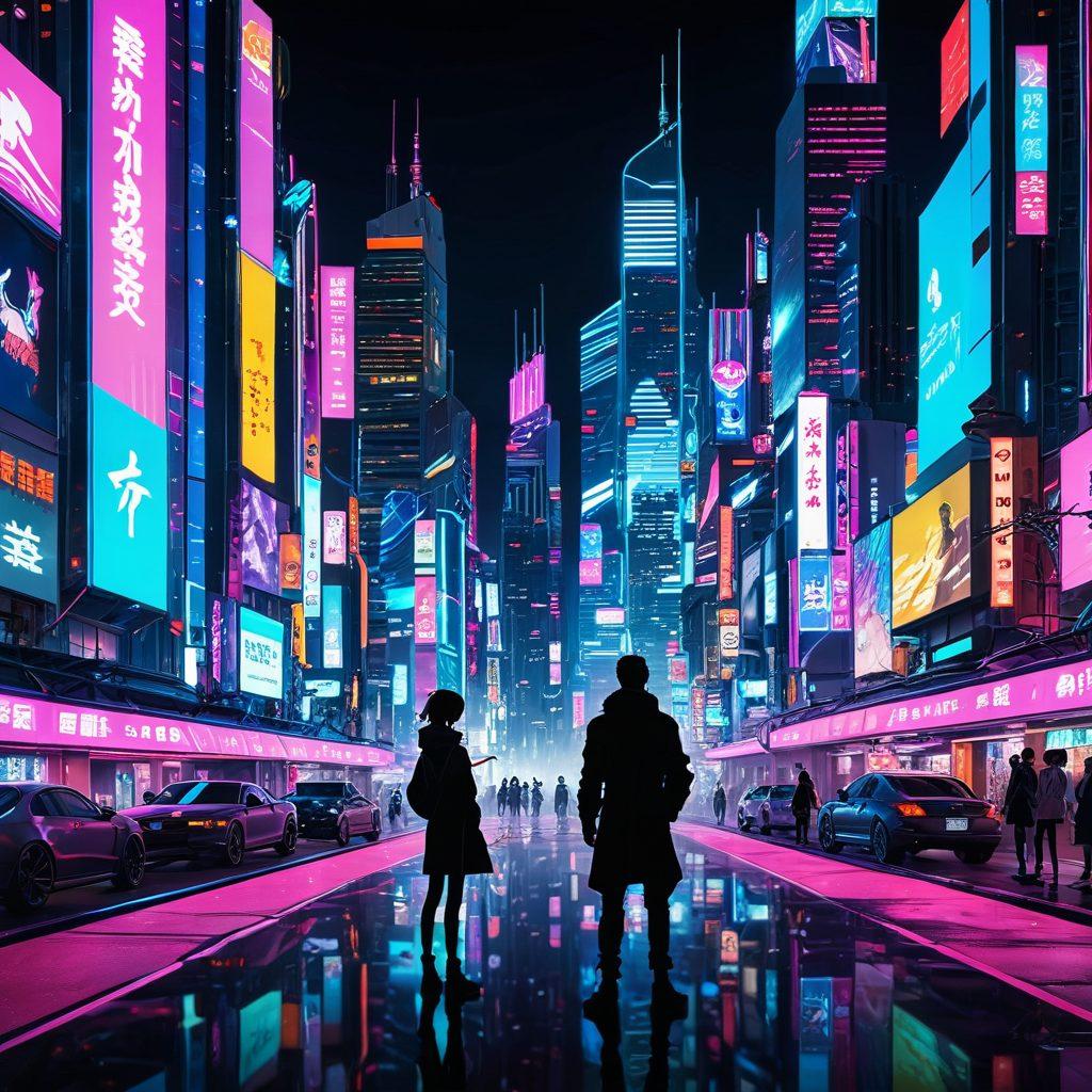 A vibrant and dynamic scene featuring a futuristic city skyline filled with neon-lit anime-inspired buildings, each showcasing various premium options for anime protection. In the foreground, a diverse group of anime heroes and characters collaborate, analyzing holographic screens displaying premium rates. The atmosphere is lively with a mix of excitement and innovation, surrounded by elements of traditional Japanese culture for contrast. The color palette should be bright and colorful, emphasizing a sense of adventure and strategy. cyberpunk. vibrant colors.
