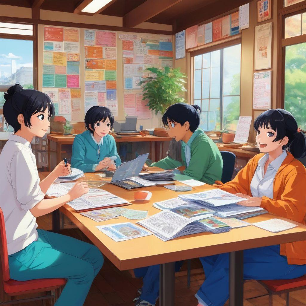 A whimsical and vibrant anime-style illustration, featuring a diverse group of anime characters happily discussing insurance policies around a table loaded with colorful brochures and laptops, indicating a casual yet informative atmosphere. In the background, a dynamic cityscape can be seen, symbolizing different life scenarios related to insurance, such as health, travel, and property. The scene should blend elements of fun and education, making it relatable and engaging for anime fans. anime art. vibrant colors. detailed background.